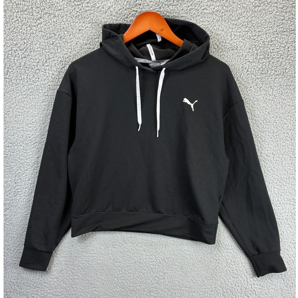 Puma Cat Logo Cropped Hoodie Womens S Black Pullover Sweatshirt Athleisure